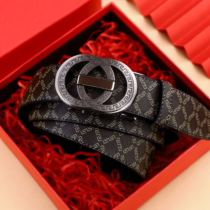 Men's Double Loop Geometric Auto Buckle Belt, Vintage Full Print Business Casual Waist Belt