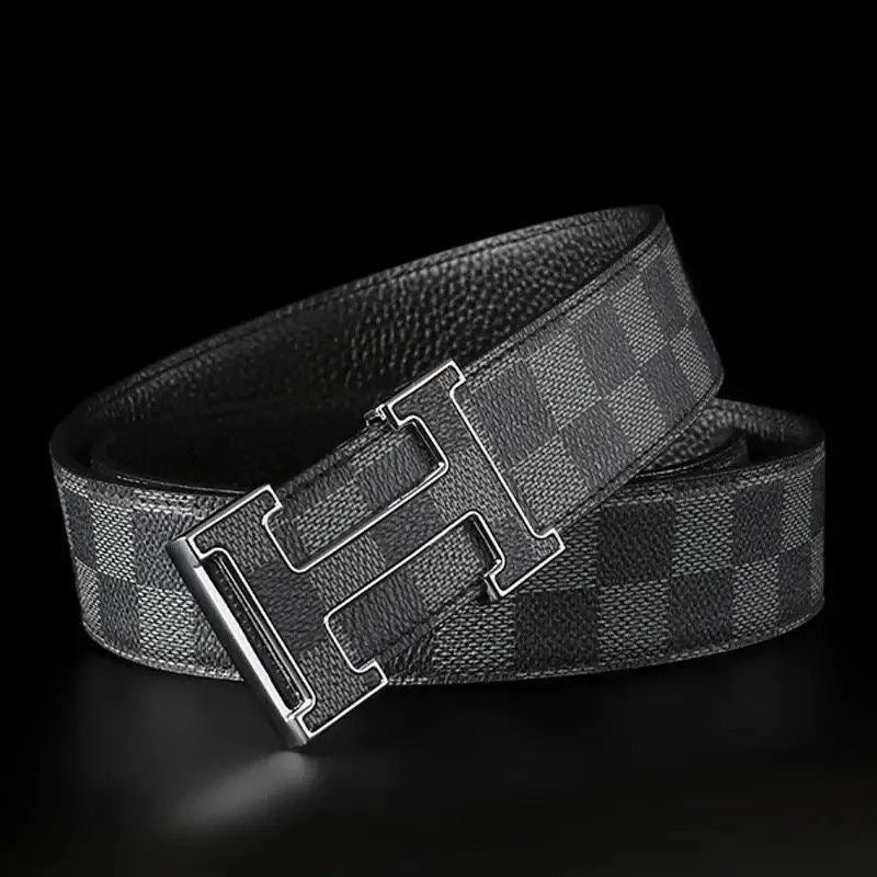 Men's T-Shaped Hollow Pin Buckle Belt, Classic Checkered Business Casual Waist Strap