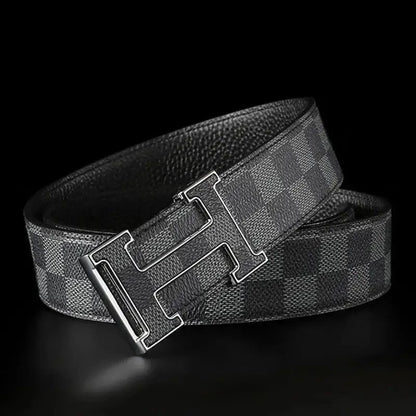 Men's T-Shaped Hollow Pin Buckle Belt, Classic Checkered Business Casual Waist Strap