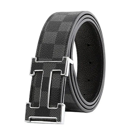 Men's T-Shaped Hollow Pin Buckle Belt, Classic Checkered Business Casual Waist Strap