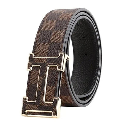 Men's T-Shaped Hollow Pin Buckle Belt, Classic Checkered Business Casual Waist Strap
