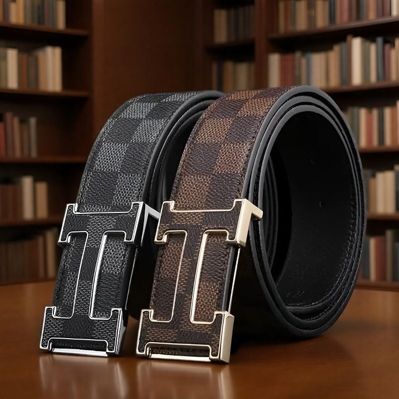 Men's T-Shaped Hollow Pin Buckle Belt, Classic Checkered Business Casual Waist Strap