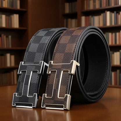 Men's T-Shaped Hollow Pin Buckle Belt, Classic Checkered Business Casual Waist Strap