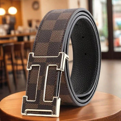 Men's T-Shaped Hollow Pin Buckle Belt, Classic Checkered Business Casual Waist Strap