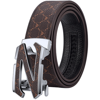 Men's Z-Shape Automatic Buckle Belt, Vintage Allover Print Business Casual Waist Belt