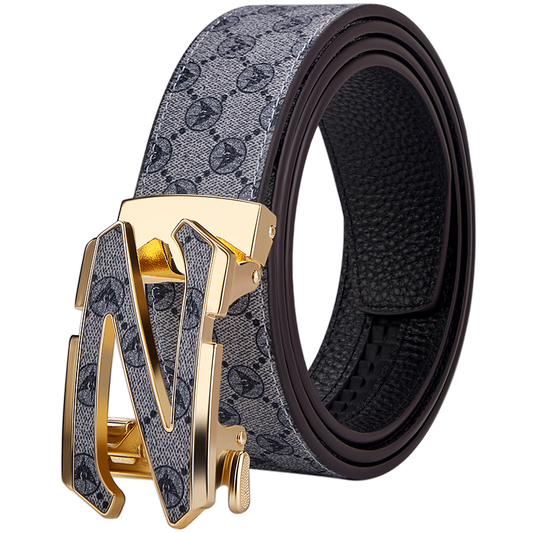 【#A231】Men's Z-Shape Automatic Buckle Belt, Vintage Allover Print Business Casual Waist Belt