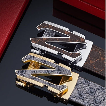 Men's Z-Shape Automatic Buckle Belt, Vintage Allover Print Business Casual Waist Belt