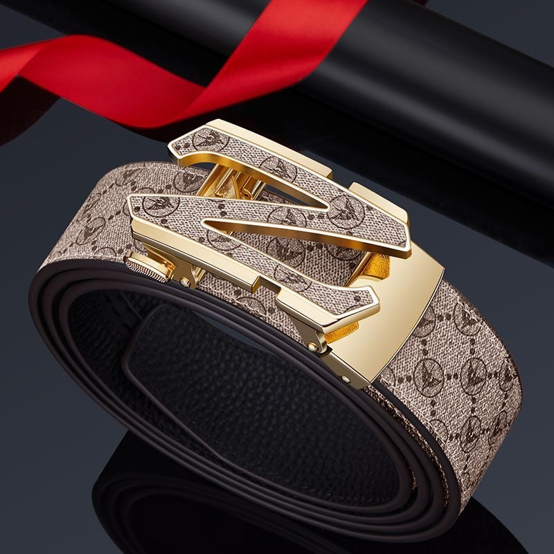 Men's Z-Shape Automatic Buckle Belt, Vintage Allover Print Business Casual Waist Belt
