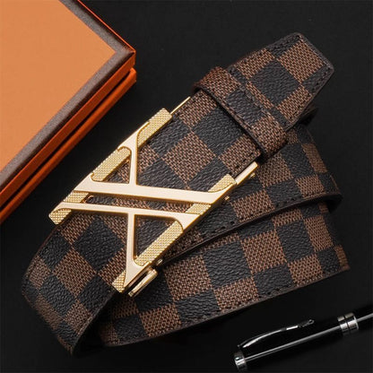 Men's Double V Hollow Auto Buckle Belt, Classic Check Pattern Business Casual Waist Strap