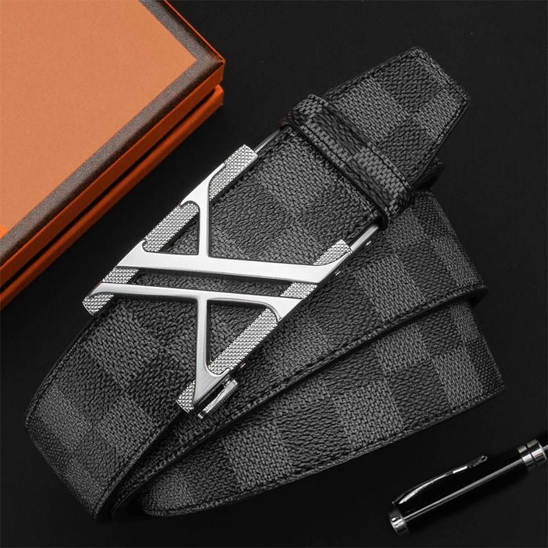 Men's Double V Hollow Auto Buckle Belt, Classic Check Pattern Business Casual Waist Strap