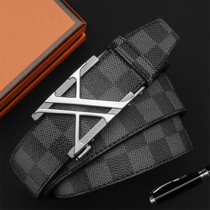 Men's Double V Hollow Auto Buckle Belt, Classic Check Pattern Business Casual Waist Strap