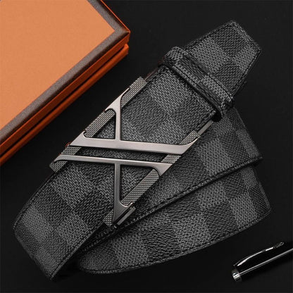Men's Double V Hollow Auto Buckle Belt, Classic Check Pattern Business Casual Waist Strap