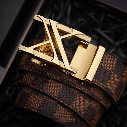 Men's Double V Hollow Auto Buckle Belt, Classic Check Pattern Business Casual Waist Strap