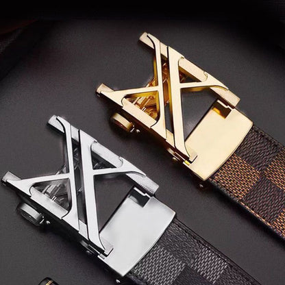 Men's Double V Hollow Auto Buckle Belt, Classic Check Pattern Business Casual Waist Strap