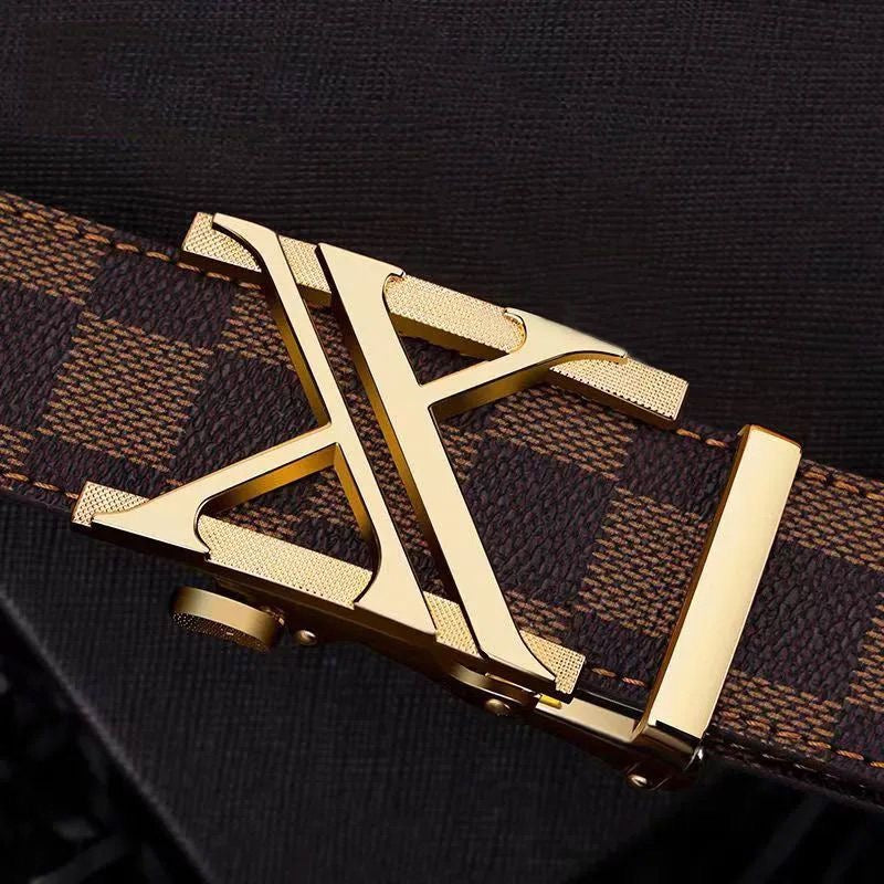 Men's Double V Hollow Auto Buckle Belt, Classic Check Pattern Business Casual Waist Strap
