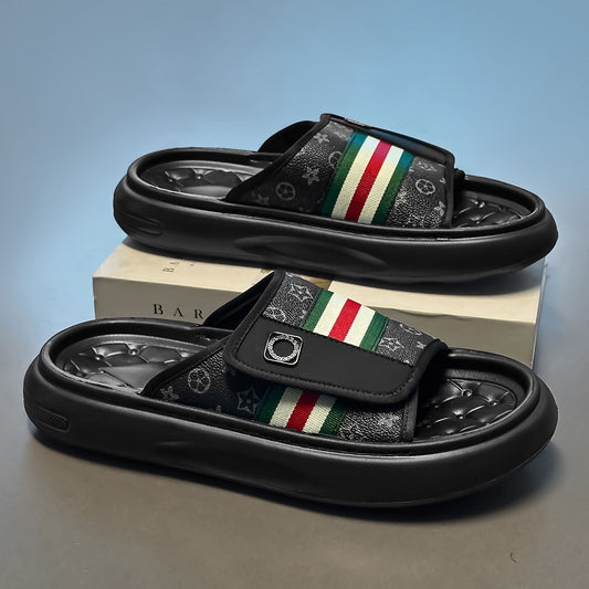 【#A235】Color Stripe Velcro Thick Sole Slide Sandals, Vintage Print Platform Casual Slippers