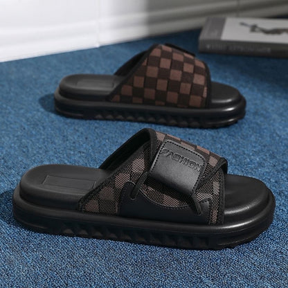Checkered Velcro Platform Slide Sandals, Casual Elevated Non-slip Slippers