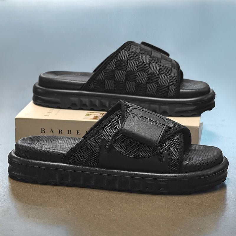Checkered Velcro Platform Slide Sandals, Casual Elevated Non-slip Slippers