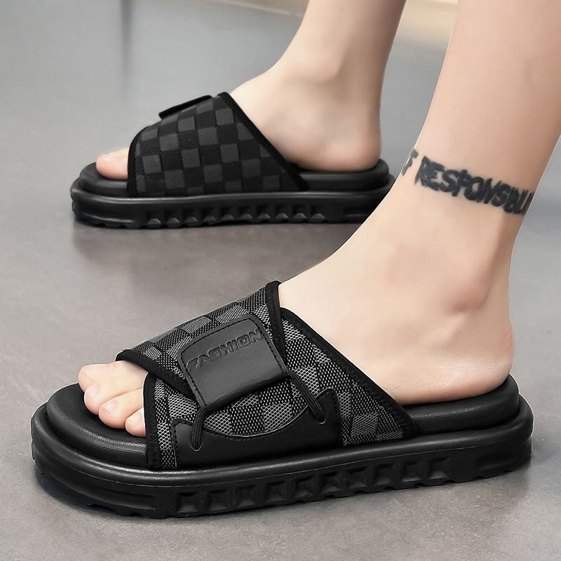 Checkered Velcro Platform Slide Sandals, Casual Elevated Non-slip Slippers