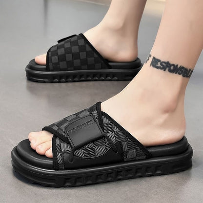 Checkered Velcro Platform Slide Sandals, Casual Elevated Non-slip Slippers