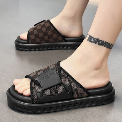 Checkered Velcro Platform Slide Sandals, Casual Elevated Non-slip Slippers