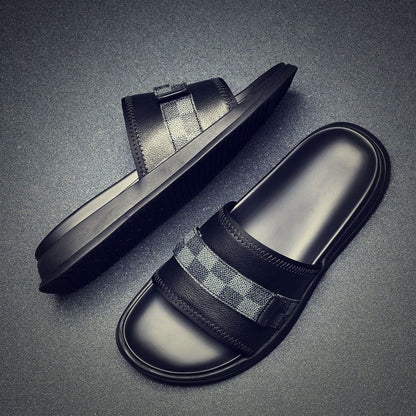 Men's Genuine Leather Check Spliced Slide Sandals, Luxury Thick Sole Non-slip Casual Slippers