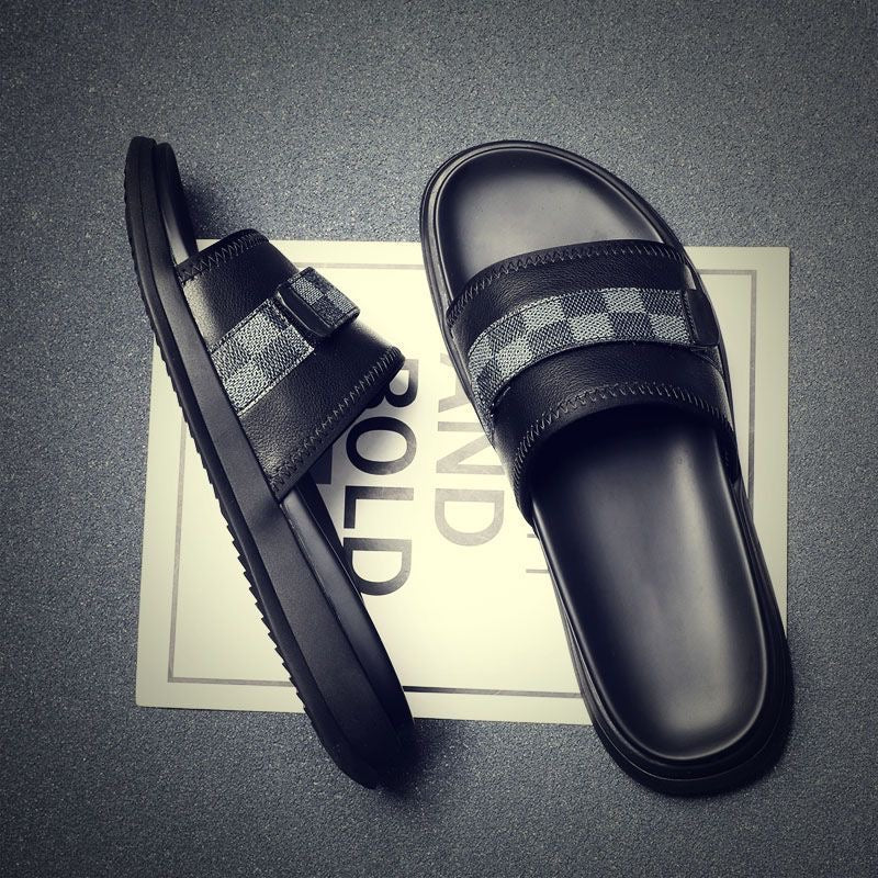 Men's Genuine Leather Check Spliced Slide Sandals, Luxury Thick Sole Non-slip Casual Slippers