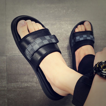 Men's Genuine Leather Check Spliced Slide Sandals, Luxury Thick Sole Non-slip Casual Slippers