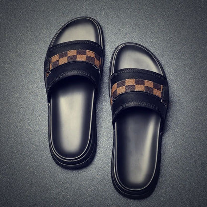 Men's Genuine Leather Check Spliced Slide Sandals, Luxury Thick Sole Non-slip Casual Slippers