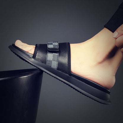 Men's Genuine Leather Check Spliced Slide Sandals, Luxury Thick Sole Non-slip Casual Slippers