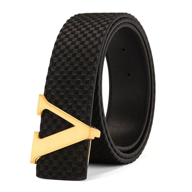 Men's V-Shape Metal Pin Buckle Belt, Embossed Check Pattern Business Casual Waist Strap
