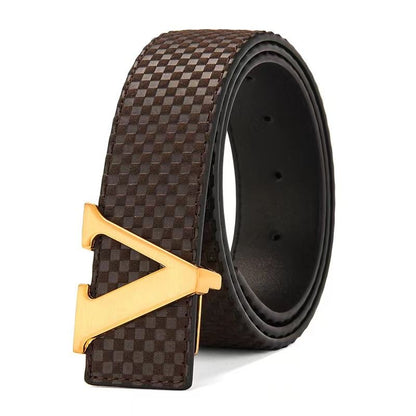 Men's V-Shape Metal Pin Buckle Belt, Embossed Check Pattern Business Casual Waist Strap