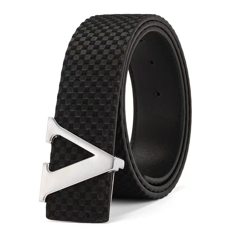 Men's V-Shape Metal Pin Buckle Belt, Embossed Check Pattern Business Casual Waist Strap
