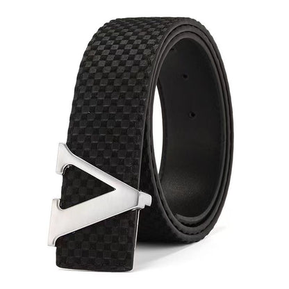 Men's V-Shape Metal Pin Buckle Belt, Embossed Check Pattern Business Casual Waist Strap