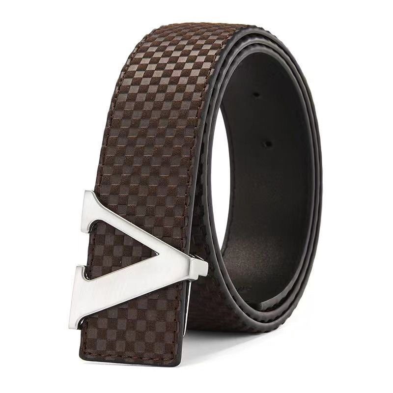 Men's V-Shape Metal Pin Buckle Belt, Embossed Check Pattern Business Casual Waist Strap