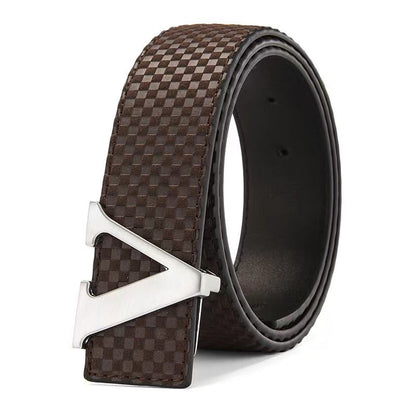 Men's V-Shape Metal Pin Buckle Belt, Embossed Check Pattern Business Casual Waist Strap