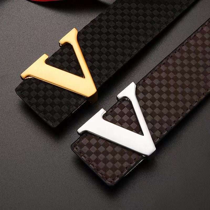 Men's V-Shape Metal Pin Buckle Belt, Embossed Check Pattern Business Casual Waist Strap
