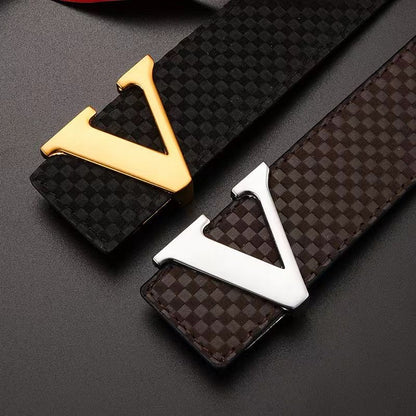 Men's V-Shape Metal Pin Buckle Belt, Embossed Check Pattern Business Casual Waist Strap