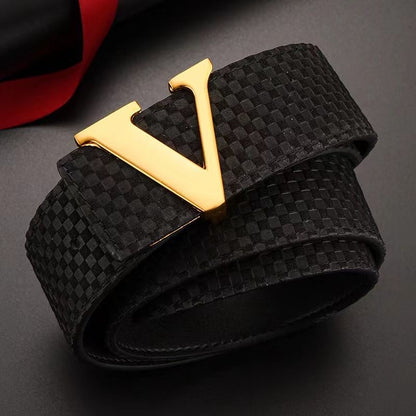 Men's V-Shape Metal Pin Buckle Belt, Embossed Check Pattern Business Casual Waist Strap