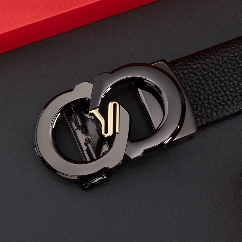 Men's Two-tone Double Loop Automatic Buckle Belt, Top Grain Leather Business Casual Waist Belt
