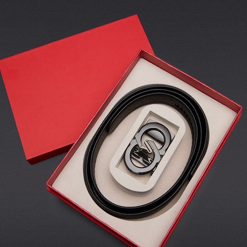 Men's Two-tone Double Loop Automatic Buckle Belt, Top Grain Leather Business Casual Waist Belt