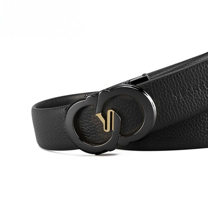 Men's Two-tone Double Loop Automatic Buckle Belt, Top Grain Leather Business Casual Waist Belt