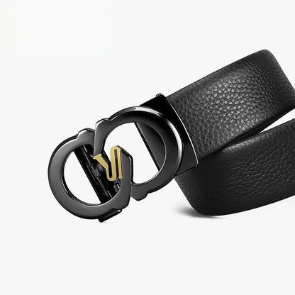 Men's Two-tone Double Loop Automatic Buckle Belt, Top Grain Leather Business Casual Waist Belt