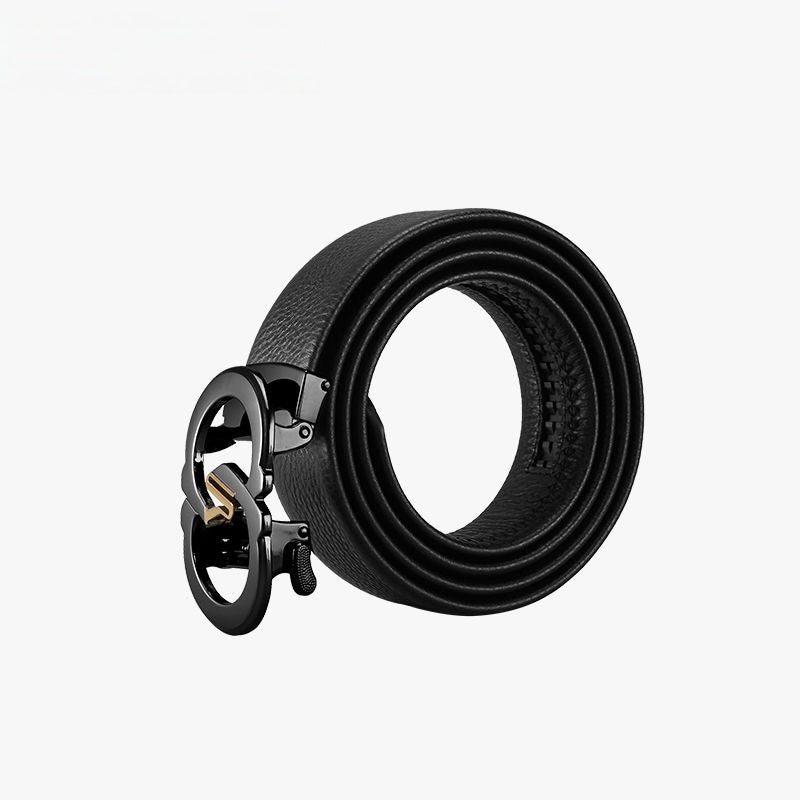 Men's Two-tone Double Loop Automatic Buckle Belt, Top Grain Leather Business Casual Waist Belt
