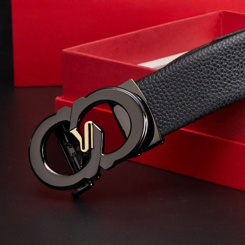 Men's Two-tone Double Loop Automatic Buckle Belt, Top Grain Leather Business Casual Waist Belt