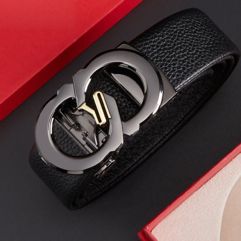 Men's Two-tone Double Loop Automatic Buckle Belt, Top Grain Leather Business Casual Waist Belt