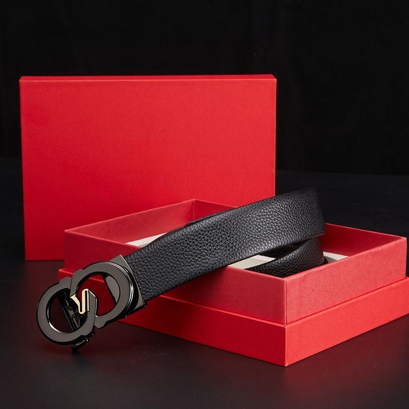 Men's Two-tone Double Loop Automatic Buckle Belt, Top Grain Leather Business Casual Waist Belt