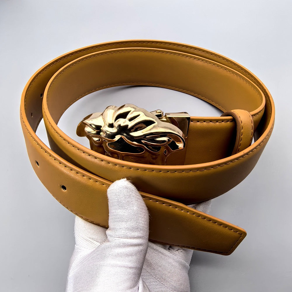 Men's Genuine Leather Belt with 3D Animal Head Buckle, Business Casual Waist Belt