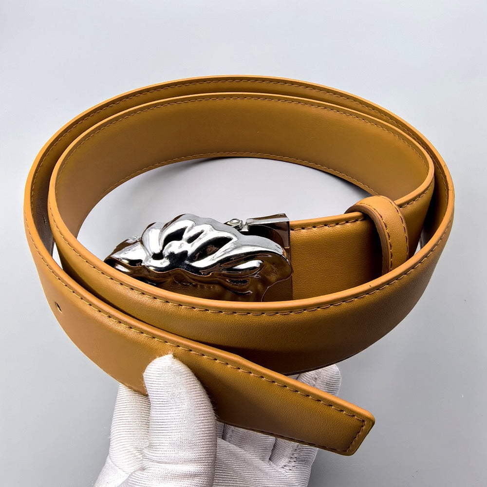 Men's Genuine Leather Belt with 3D Animal Head Buckle, Business Casual Waist Belt