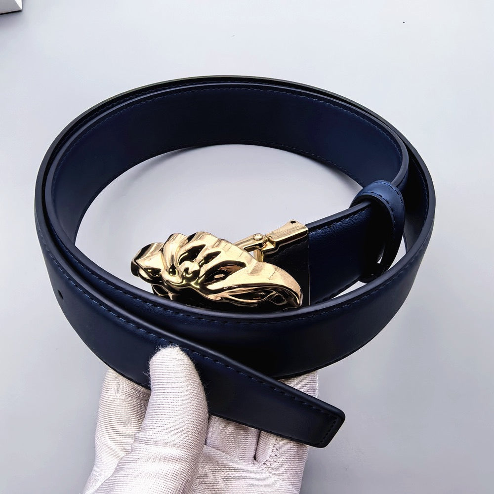 Men's Genuine Leather Belt with 3D Animal Head Buckle, Business Casual Waist Belt